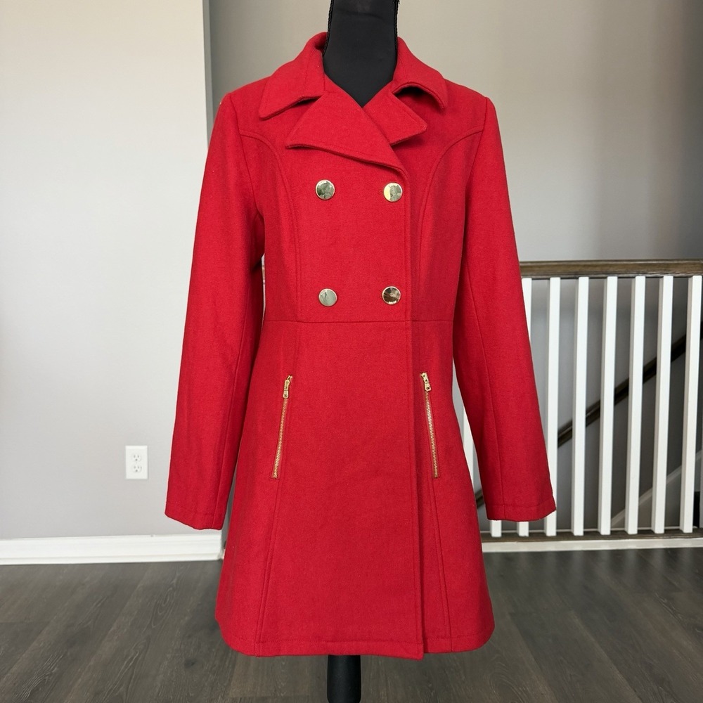 Guess NWT Wool Blend Double Breasted Gold Buttons Red Peacoat Jacket Medium